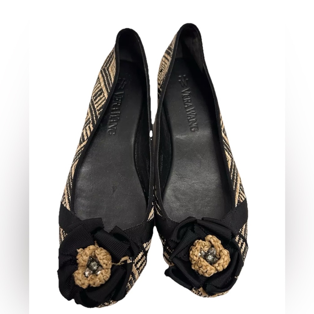 VERA WANG Black Tan Weave Raffia Flower Espadrille 6.5 M